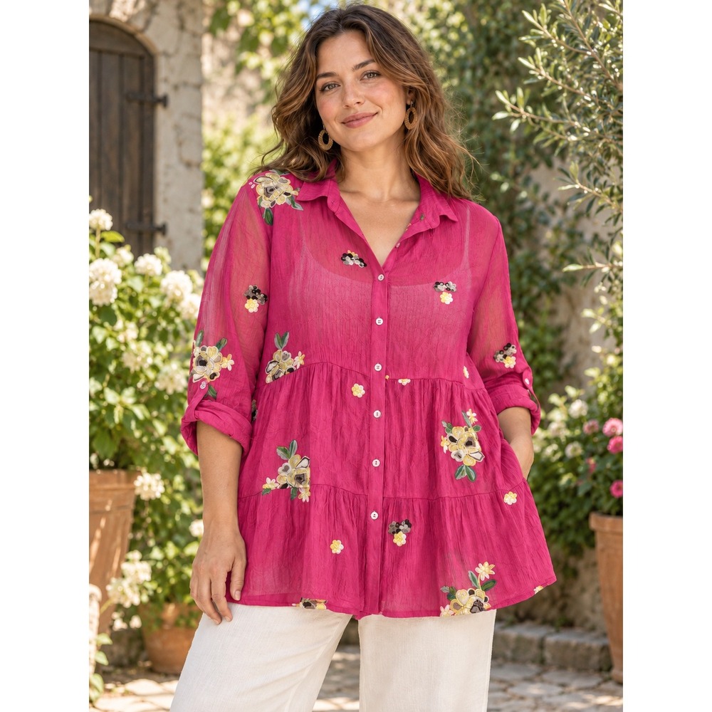 Figueroa & Flower Embroidered Floral Tiered Tunic Blouse Womens L Pink
